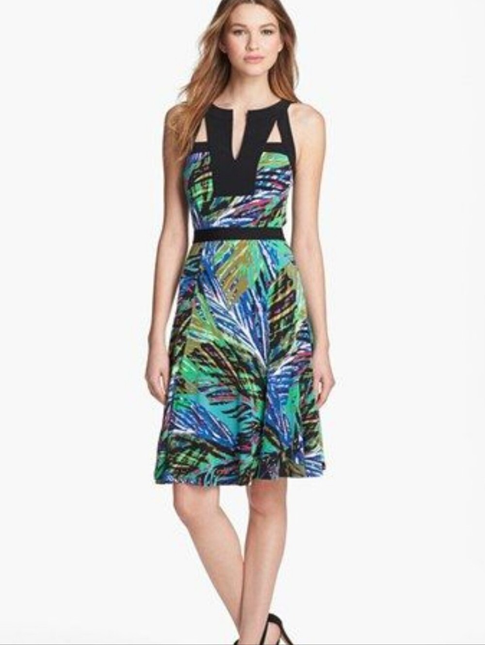 NWT BCBGMAXAZRIA Multicolored V-Neck Tropical Print A-Line Sleeveless Dress Sz L
